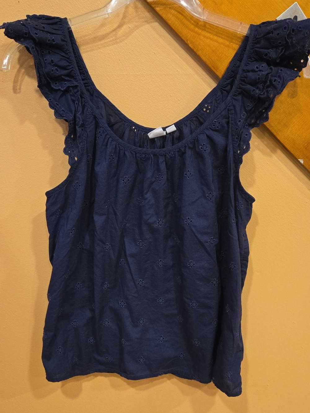 GAP Navy Eyelet Ruffle Strap Tank Top 100 Percent Cotton